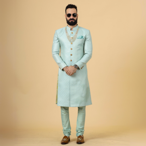 Stunning Sea Foam Banarasi Brocade Achkan for Men | Father-Son Combo | Pastel Sherwani | Grooms & Weddings | Jaipurio